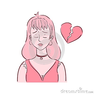 Young woman with broken heart. She experienced loss of libido. Vector Illustration