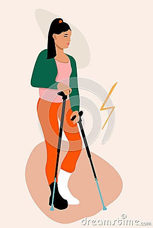 Young woman with broken leg.Girl with orthopedic cast walking using crutches.Ankle bone fracture or sprain with gypsum.Unhappy inj Vector Illustration