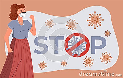 Young woman in face medical mask stay near huge stop crossed out sign, flying virus, world epidemy Vector Illustration