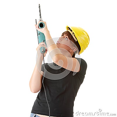 Young woman builder with driller Stock Photo