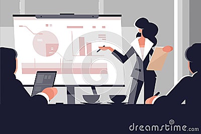 Young woman in business suit making presentation Vector Illustration