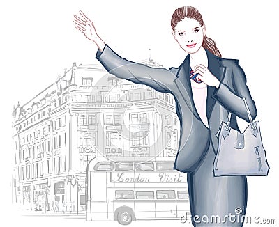 Young woman calling taxi in London Vector Illustration