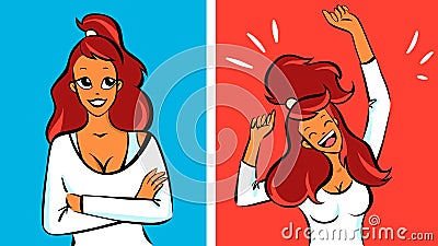 Young woman calm then very happy, vector illustration Vector Illustration