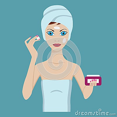 Young woman care her face using cream. Vector Illustration