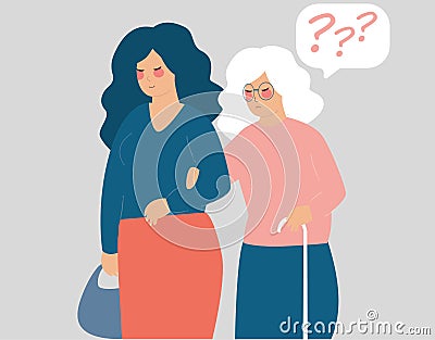 Young woman caring her grandma with stick. Social help. Care senior, volunteer works with elderly helps supports them. Vector Illustration