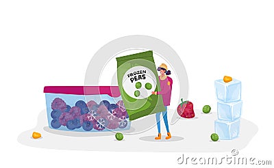 Young Woman Carry Package with Frozen Green Peas near Container with Iced Berries. Healthy Food Vector Illustration