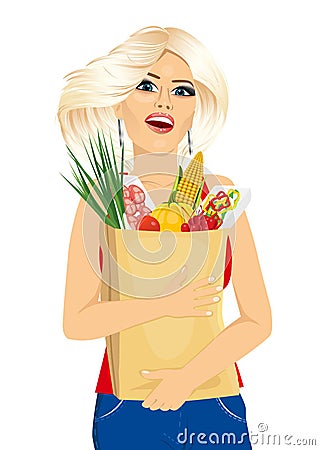 Young woman carrying grocery paper bag Vector Illustration