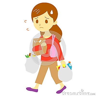 Young woman carrying heavy shopping bags Cartoon Illustration