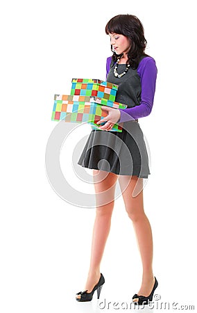 Young woman carrying moving boxes box isolated Stock Photo