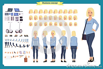 Young woman, casual clothes. Character creation set. Full length, different views, emotions, gestures, isolated. design. Vector Illustration