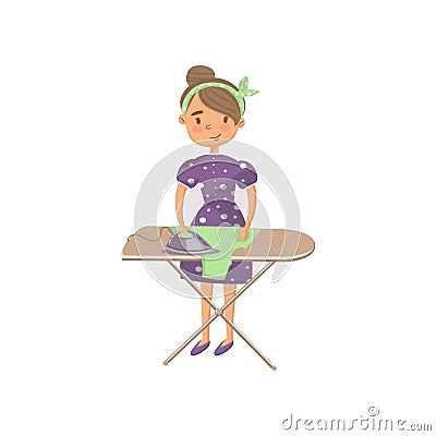 Young woman in casual clothing ironing clothes on an ironing board, housewife in housework activity cartoon vector Vector Illustration