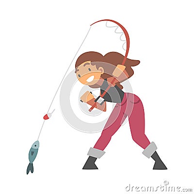 Young Woman Character in Fisherman Boots with Angling Rod Fishing Vector Illustration Vector Illustration