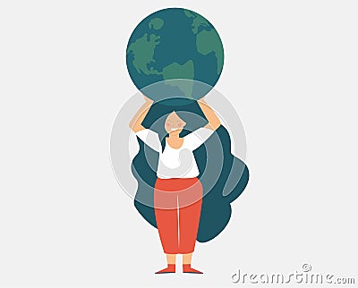 Young woman character embraces and holds the green planet. Flat girl cares the earth. Vector illustration Vector Illustration