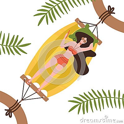 Young woman character lying in a hammock under the palm trees. Top view. Flat editable vector illustration, clip art on white Cartoon Illustration