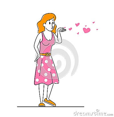 Young Woman Character in Pink Dress Send Air Kiss with Flying Hearts Isolated on White Background Vector Illustration