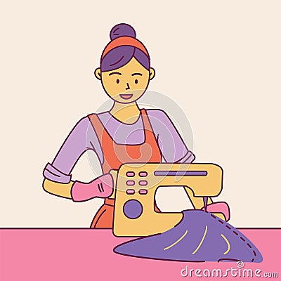Young woman character seamstress sewing fabric with stitches on industrial sewing machine. Fashion designer, needlewoman Vector Illustration