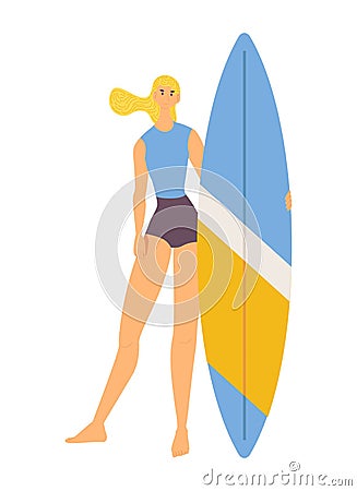 Young woman character standing and holding longboard surfboard isolated on white. Sport flat tall teen girl Stock Photo