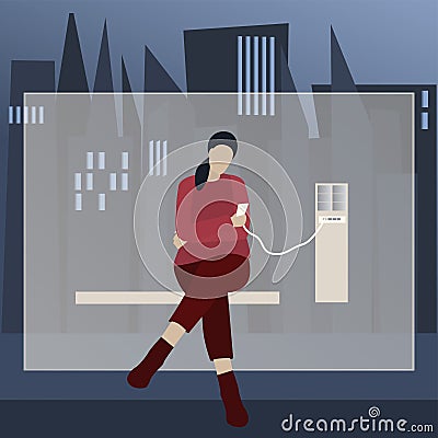 Young woman charging mobile phone at bus stop Vector Illustration