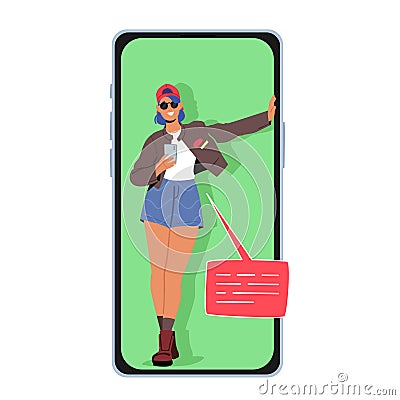 Young Woman Chatting and Messaging in Social Network. Trendy Student Girl Character Texting Sms or Call on Mobile Vector Illustration