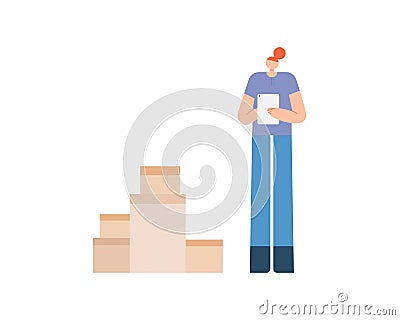 Young woman checking boxes with tablet. Vector Illustration