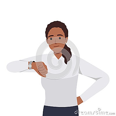 Young woman checking the time by looking at her wrist watch. Time management concept Cartoon Illustration