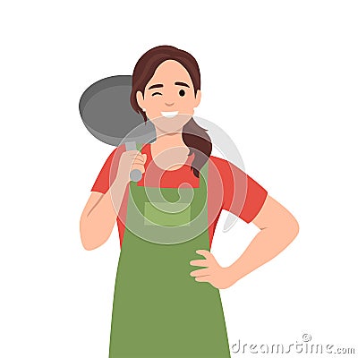 Young woman in chef hat with apron holding frying pan Vector Illustration