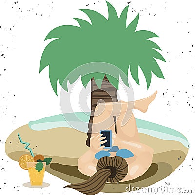 Uses a smartphone. Girl relaxing at the seaside resort. Flat Character Vector Illustration Stock Photo