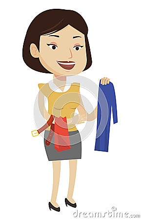 Young woman choosing clothes in shop. Vector Illustration