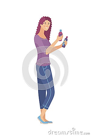 Young woman choosing shampoo flat vector illustration Vector Illustration
