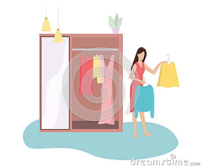 Young woman choosing between two clothes. Girl in doubt Vector Illustration