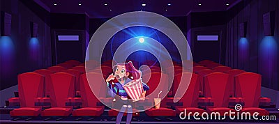 Young woman in cinema mesmerized girl and pop corn Vector Illustration