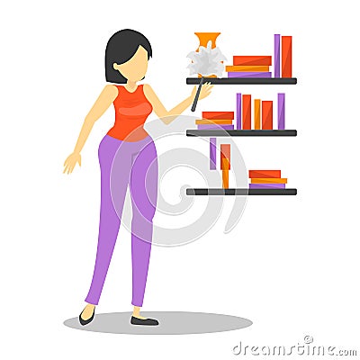 Young woman clean shelf at the home Stock Photo