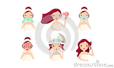 Young woman cleaning and caring her face and hair set, treatment, hygiene, beauty vector Illustration Vector Illustration