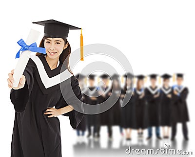 Young woman college graduate with students Stock Photo