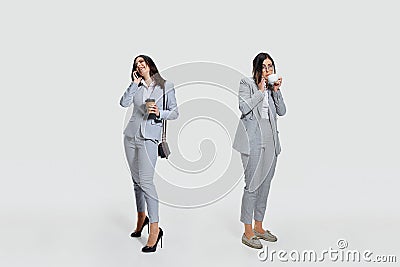 Young woman comes to work rumpled and untidy Stock Photo