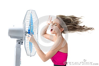Young woman with cooler fan Stock Photo