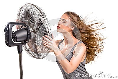 Young woman with cooler fan Stock Photo