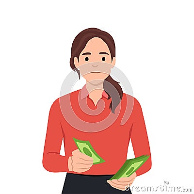 Young woman counts money earned in business or received from dividend investments but she is feeling angry because something is Vector Illustration