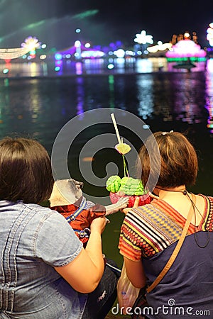 Young woman couple Thailand lgbt with dog on Loy Krathong festival Oct 30 2020 Nakhon Sawan Thailand Editorial Stock Photo