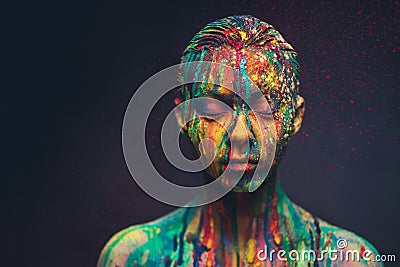 Young woman covered with a colourful paint Stock Photo