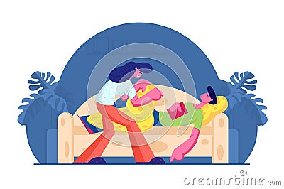 Young Woman Covering with Blanket and Care of Man Sleeping with Book in Hands on Sofa. Happy Family Couple Home Life Vector Illustration