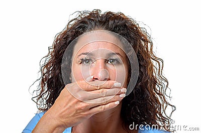 Young woman covering her mouth with her hand Stock Photo