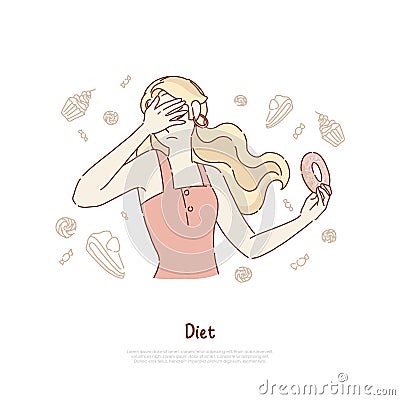 Young woman covers face, girl holding delicious doughnut, junk food refusing, willpower test, diet banner Vector Illustration