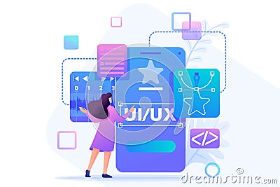 Young woman creates a custom design for a mobile application, Ui UX design. Flat 2D character. Concept for web design Vector Illustration