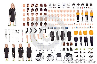 Young woman with crutches constructor or DIY kit. Female cartoon character with trauma or disability. Bundle of body Vector Illustration