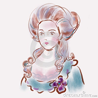 Young woman with curly combed hair, blue dress with purple flower in antique style Cartoon Illustration
