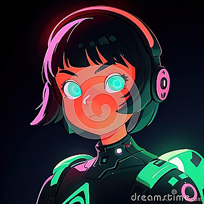 Young woman cyberpunk high technology hacker scifi, , cute simple anime style illustration Cartoon Illustration