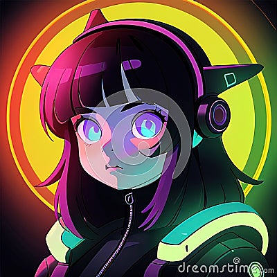 Young woman cyberpunk high technology hacker scifi, , cute simple anime style illustration Cartoon Illustration