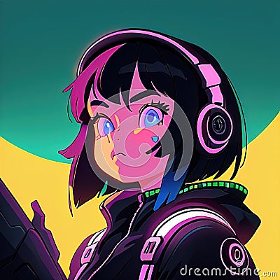 Young woman cyberpunk high technology hacker scifi, , cute simple anime style illustration Cartoon Illustration