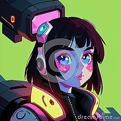 Young woman cyberpunk high technology hacker scifi, , cute simple anime style illustration Cartoon Illustration